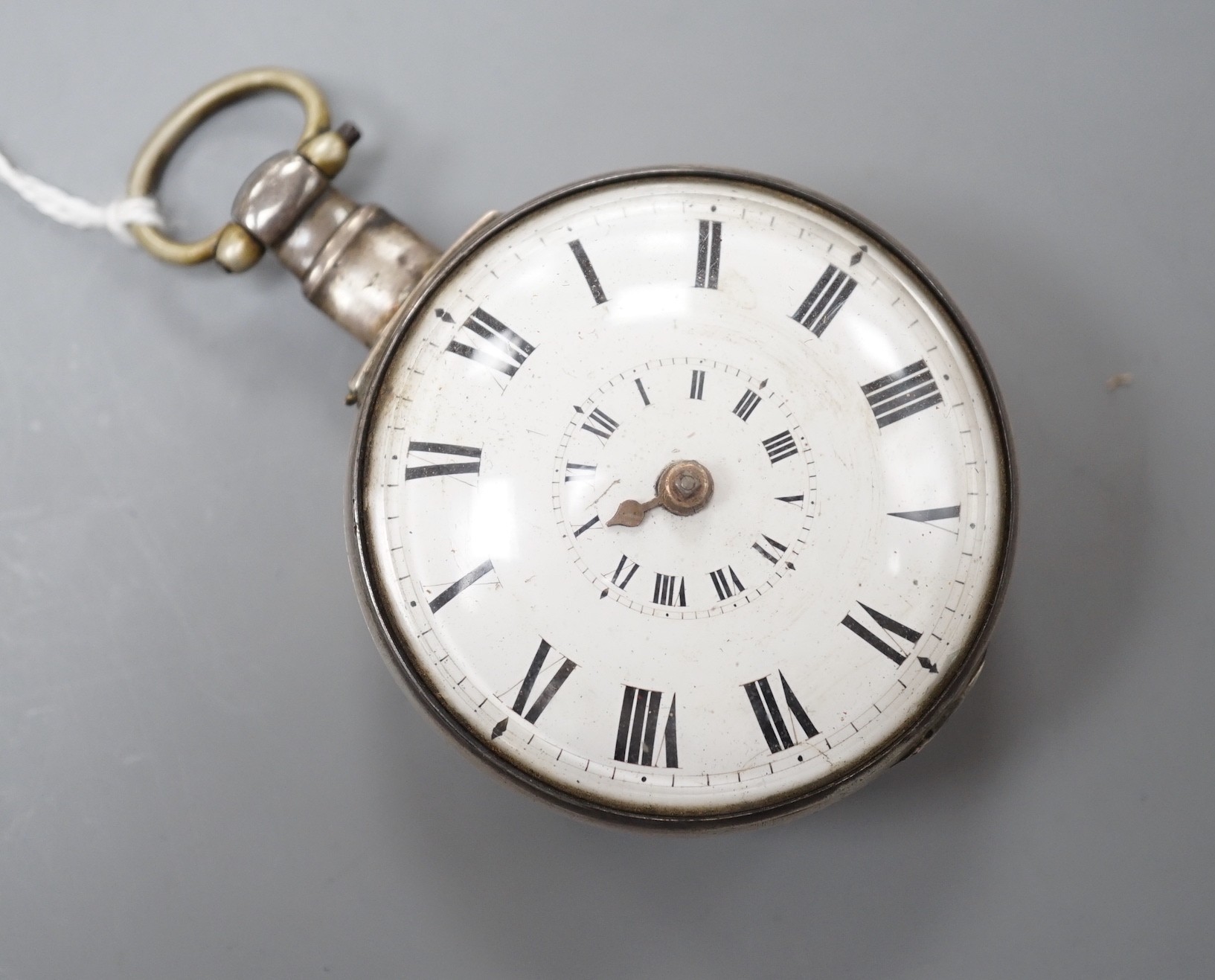 A George IV silver pair cased keywind verge pocket watch, by Thomas Phillips of Ludlow, with two Roman dials, case diameter 56mm.